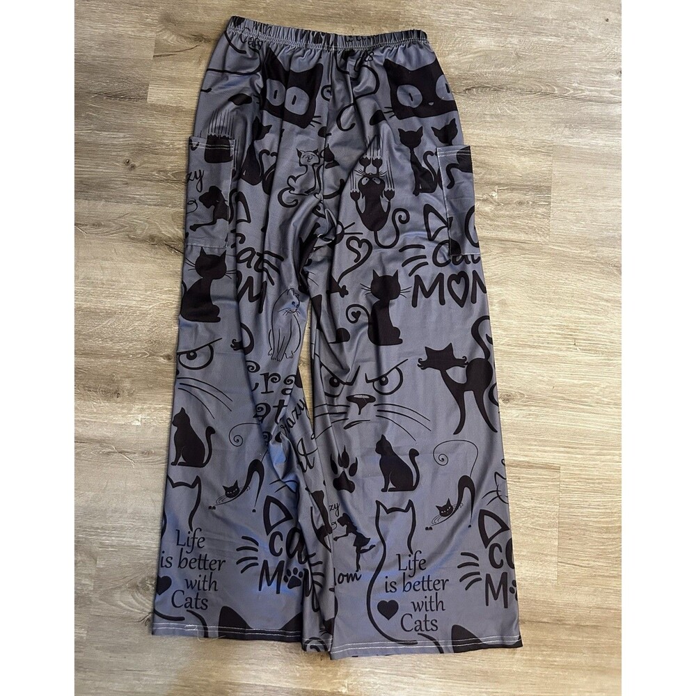 Cat Mom Lounge Pants Gray Black Print Stretch Casual Pants Front Pocket Sz L EUC - Picture 10 of 16